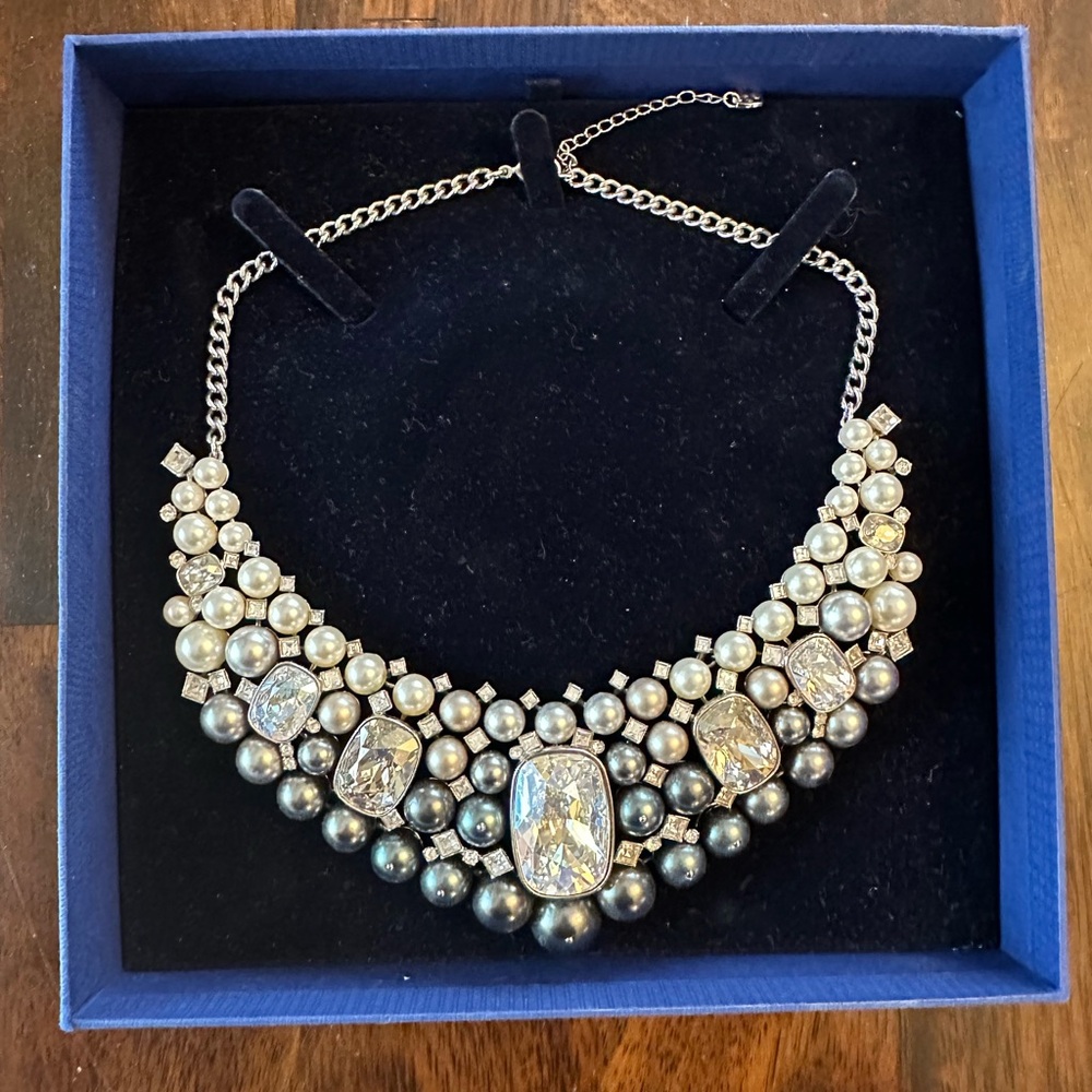 Statement Pearl & Crystal Bib Necklace - Silver Tone